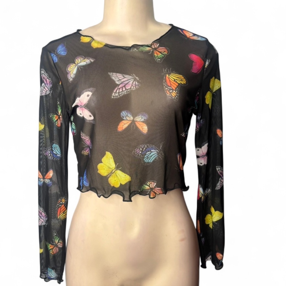 Black Mesh Long Sleeve Butterfly Crop Top